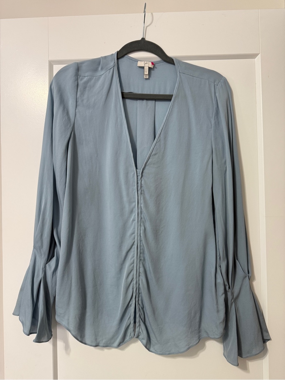 Joie Light Blue Silk V-Neck Ruching Front Long Sleeve Blouse